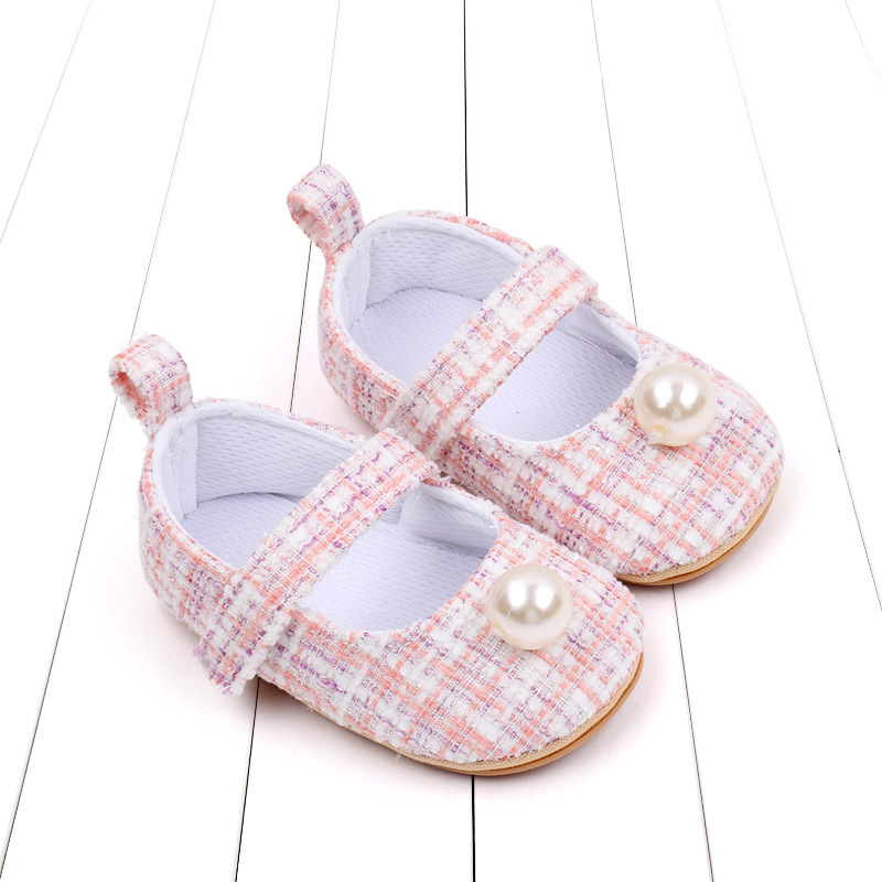Бебешки принцесни обувки с една каишка и меко дъно, неплъзгащи се, 3-6-12 месеца, перлени карирани обувки за малки деца BJZ7084