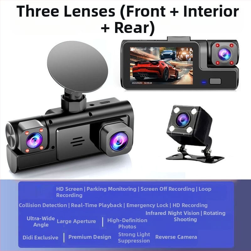 Înregistrator auto cu trei căi, cameră video 1080P, trei obiective cu imagine pentru mers înapoi, înregistrare auto, interconectare telefon mobil, fabrică