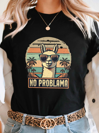 Naiste No Problema mustriga T-särk - retro alpaka ja päikeseloojang