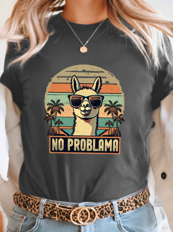 Naiste No Problema mustriga T-särk - retro alpaka ja päikeseloojang