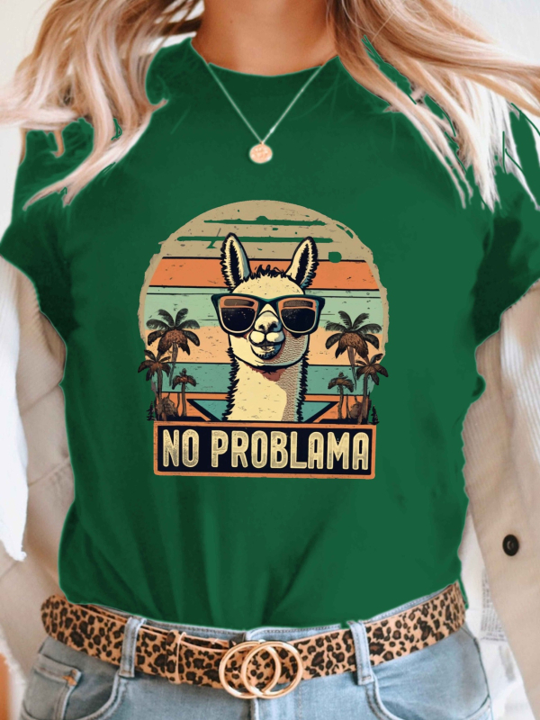 Дамска тениска с шарка No Problema - Ретро алпака и слънце