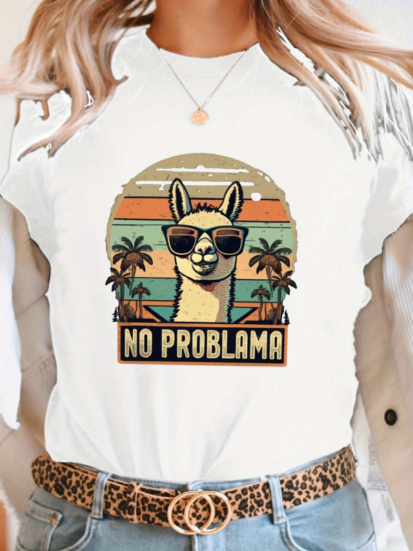 Дамска тениска с шарка No Problema - Ретро алпака и слънце