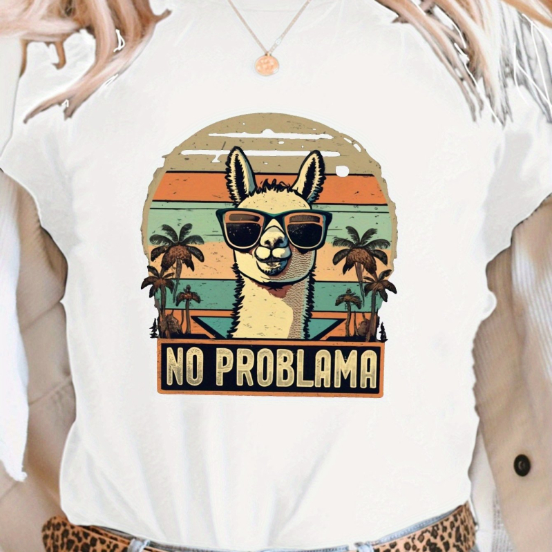 Naiste No Problema mustriga T-särk - retro alpaka ja päikeseloojang
