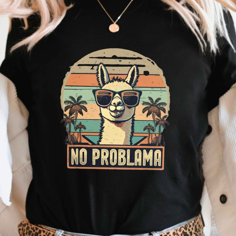 Naiste No Problema mustriga T-särk - retro alpaka ja päikeseloojang