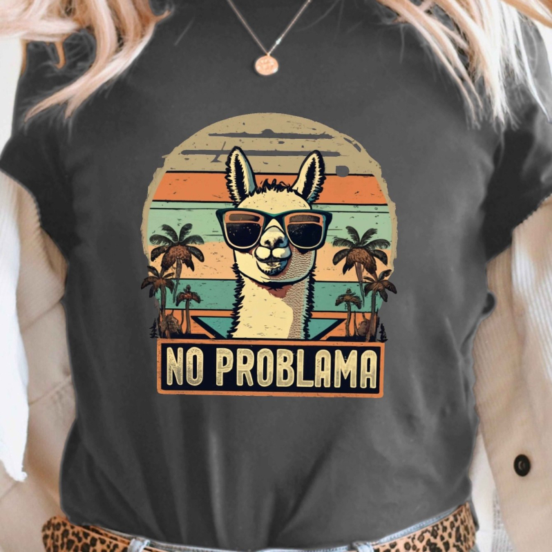 Naiste No Problema mustriga T-särk - retro alpaka ja päikeseloojang