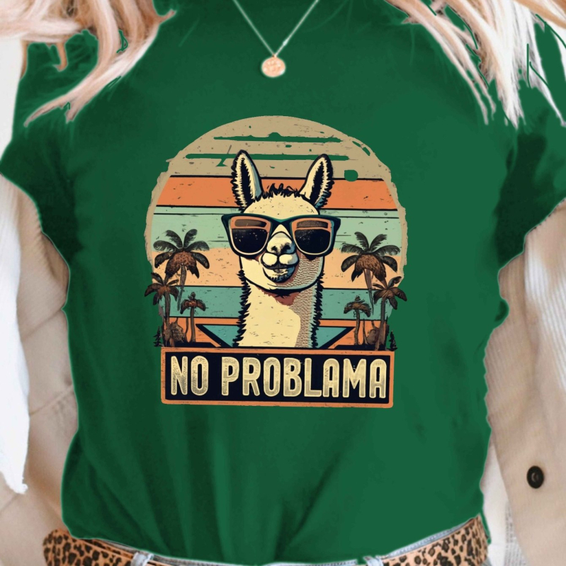 Naiste No Problema mustriga T-särk - retro alpaka ja päikeseloojang