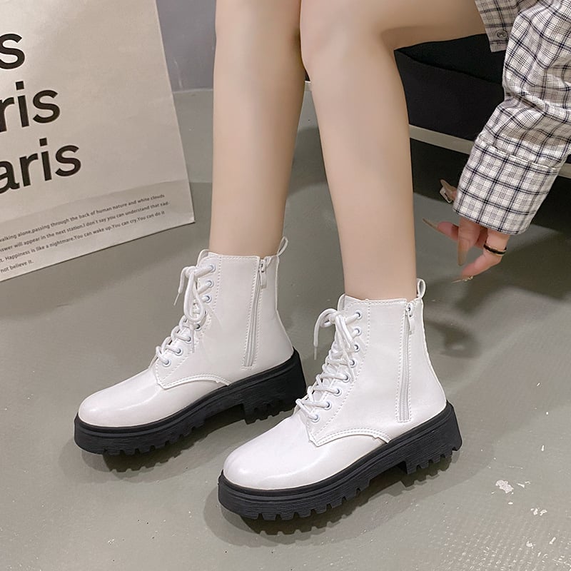 Didelių dydžių britiški batai, skirti dideliems tarpvalstybiniams modeliams, 2025 m. rudens ir žiemos nauji balti moteriški batai, storu kulnu, apvaliu nosimi, suvarstomi moteriški batai