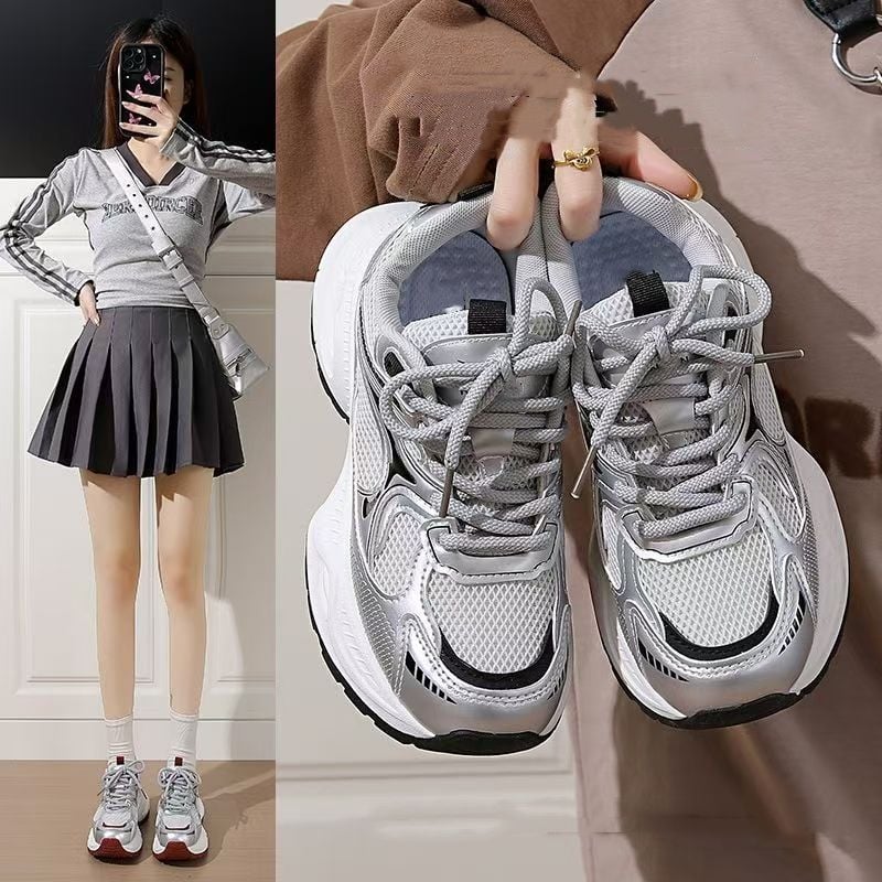 2025 m. nauji universalūs itin lengvi tėčio batai moterims pavasariui ir vasarai. Balti batai su storais padais, kad pagerintų išvaizdą ir bėgimo sportą.