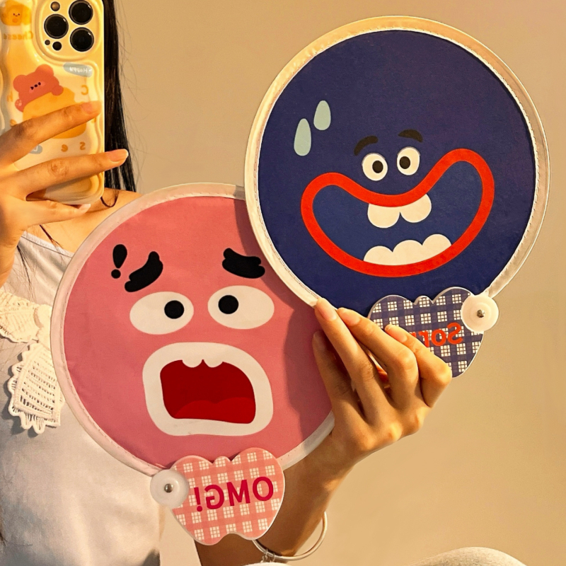 Koomiksist kahepoolne väljendusventilaator, suvine kokkupandav väike ventilaator, armas käeshoitav väike ventilaator, väike ümmargune ventilaator lastele ja õpilastele