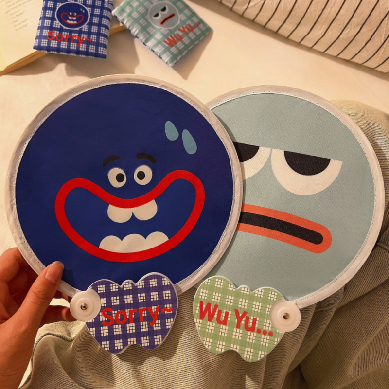 Koomiksist kahepoolne väljendusventilaator, suvine kokkupandav väike ventilaator, armas käeshoitav väike ventilaator, väike ümmargune ventilaator lastele ja õpilastele