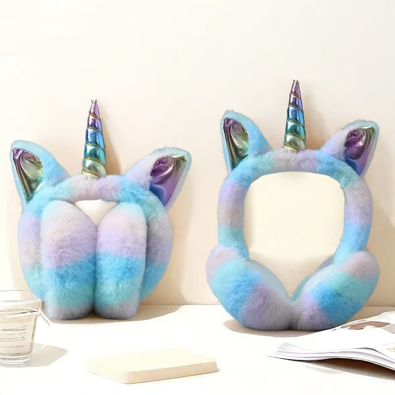 Фабрично директни зимни нови плюшени цветни еднорог наушници с поларена подплата, ветроустойчиви, защита на ушите, сгъваеми, сладки