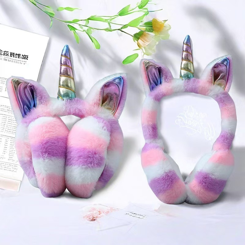 Фабрично директни зимни нови плюшени цветни еднорог наушници с поларена подплата, ветроустойчиви, защита на ушите, сгъваеми, сладки