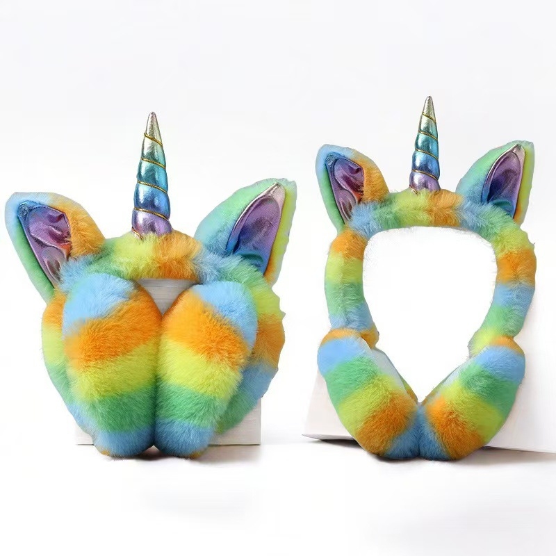 Фабрично директни зимни нови плюшени цветни еднорог наушници с поларена подплата, ветроустойчиви, защита на ушите, сгъваеми, сладки
