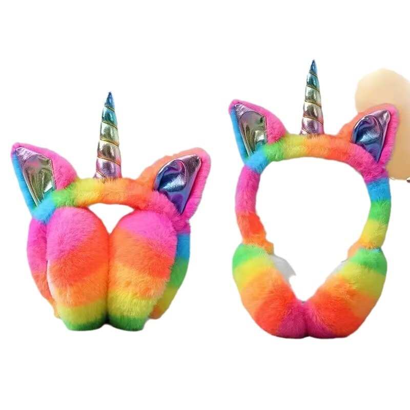Фабрично директни зимни нови плюшени цветни еднорог наушници с поларена подплата, ветроустойчиви, защита на ушите, сгъваеми, сладки
