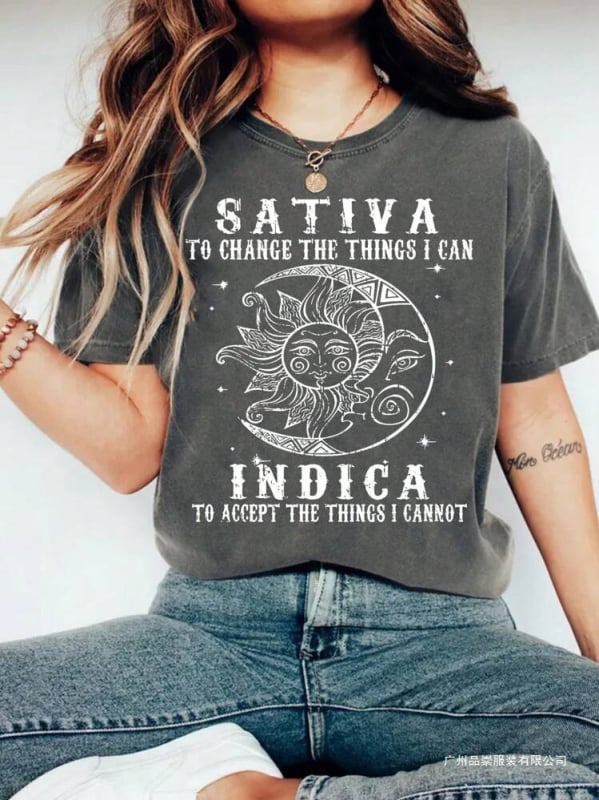 Tricou casual pentru femei cu imprimeu de slogan Soare și Lună, croială lejeră, cu guler rotund