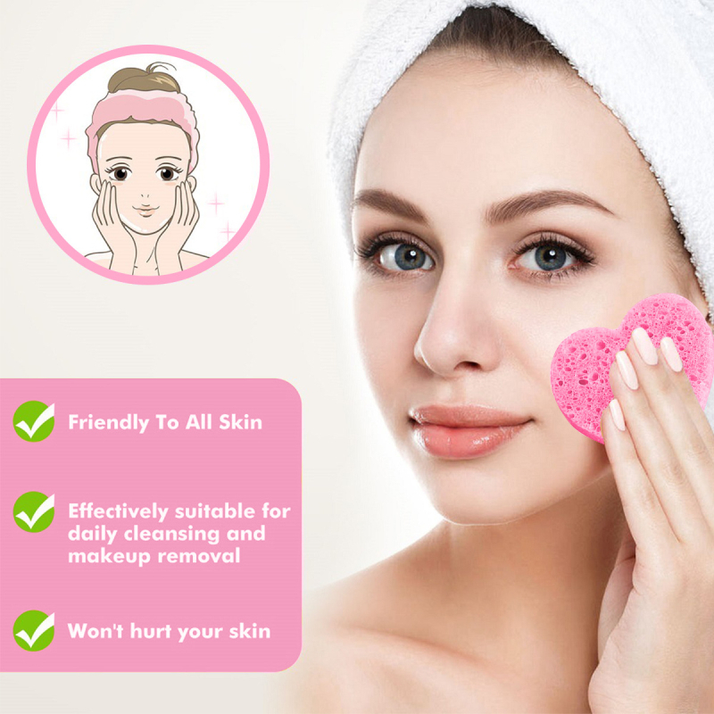 Natūralus konservuotas suspaustas širdies formos veido valiklis, skaidomas medienos masės medvilnės veido valymo kempinė makiažo valikliui, valontis veidą