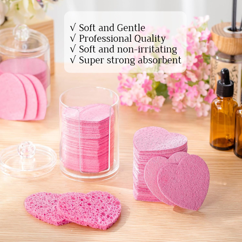 Natūralus konservuotas suspaustas širdies formos veido valiklis, skaidomas medienos masės medvilnės veido valymo kempinė makiažo valikliui, valontis veidą