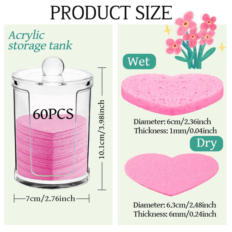 Natūralus konservuotas suspaustas širdies formos veido valiklis, skaidomas medienos masės medvilnės veido valymo kempinė makiažo valikliui, valontis veidą