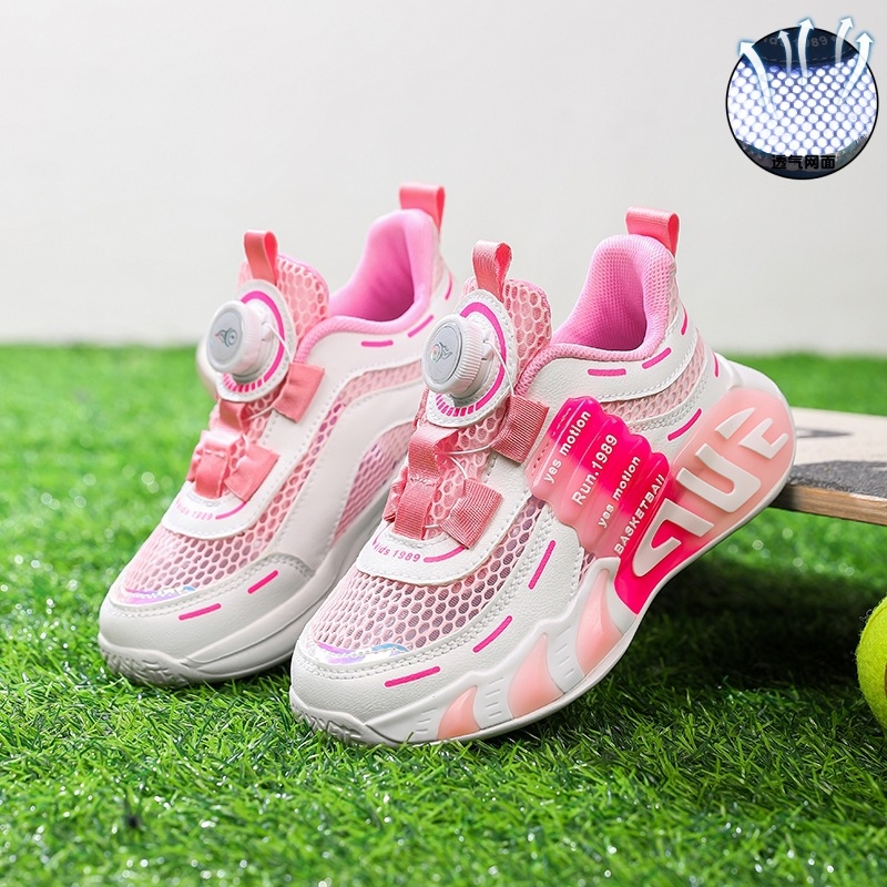 Παιδικά αναπνεύσιμα αθλητικά παπούτσια μονού πλέγματος για αγόρια 2025 καλοκαίρι νέο στυλ κορίτσια περιστρεφόμενα κουμπιά παπούτσια τρεξίματος παρτίδα