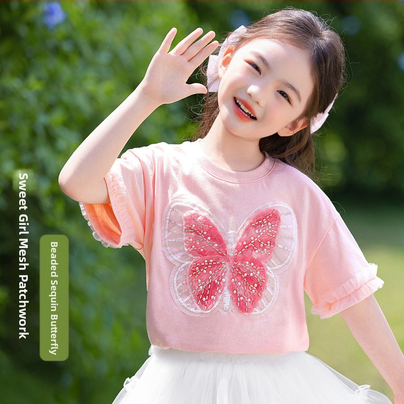 [Мъниста и пайети с пеперуда] Тениска с къс ръкав за момичета, лятна, средна и голяма, детско облекло, детски мрежести топове в западен стил