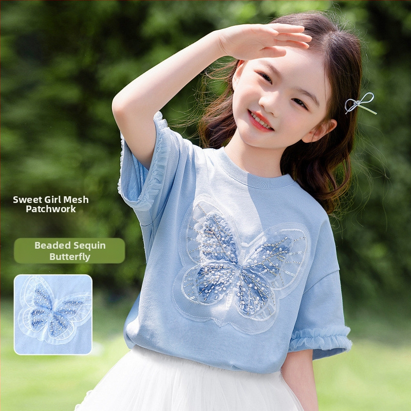 [Мъниста и пайети с пеперуда] Тениска с къс ръкав за момичета, лятна, средна и голяма, детско облекло, детски мрежести топове в западен стил