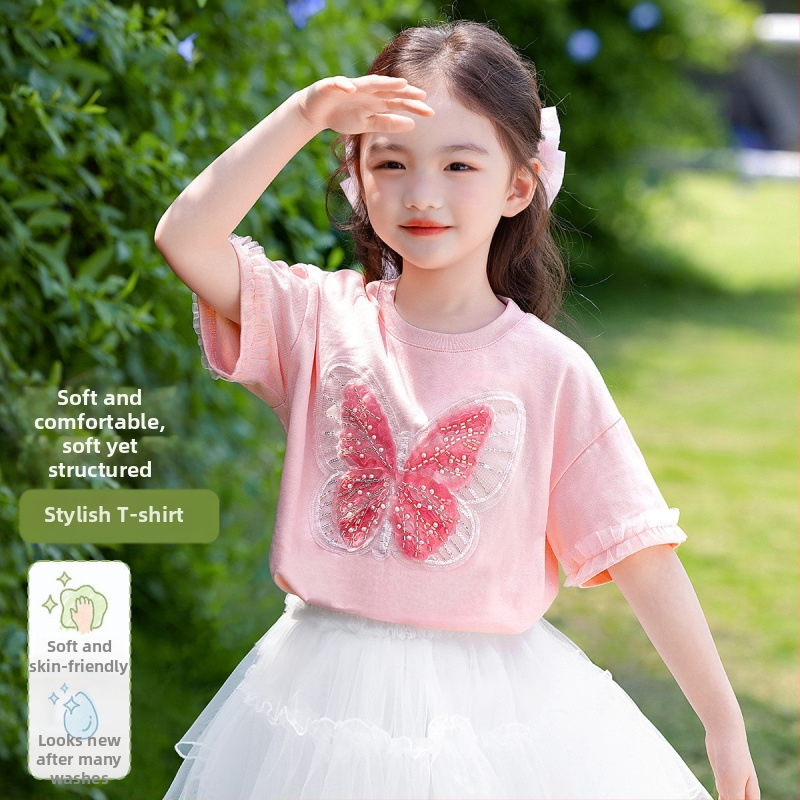 [Мъниста и пайети с пеперуда] Тениска с къс ръкав за момичета, лятна, средна и голяма, детско облекло, детски мрежести топове в западен стил