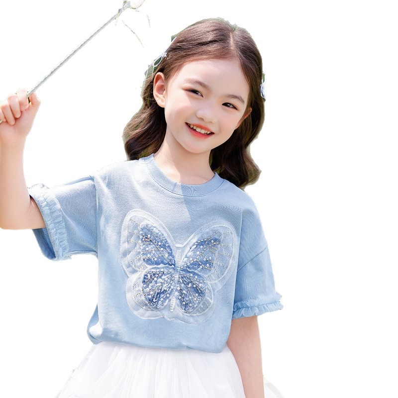 [Мъниста и пайети с пеперуда] Тениска с къс ръкав за момичета, лятна, средна и голяма, детско облекло, детски мрежести топове в западен стил