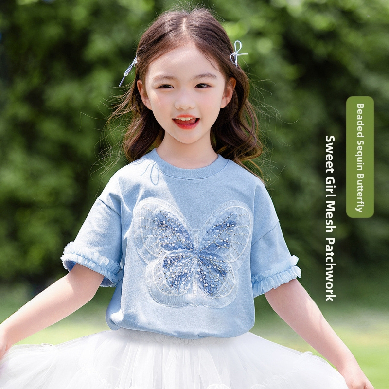 [Мъниста и пайети с пеперуда] Тениска с къс ръкав за момичета, лятна, средна и голяма, детско облекло, детски мрежести топове в западен стил