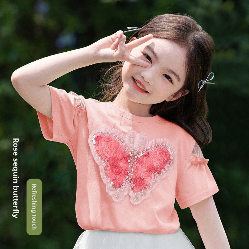 [Мъниста и пайети с пеперуда] Тениска с къс ръкав за момичета, лятна, средна и голяма, детско облекло, детски мрежести топове в западен стил