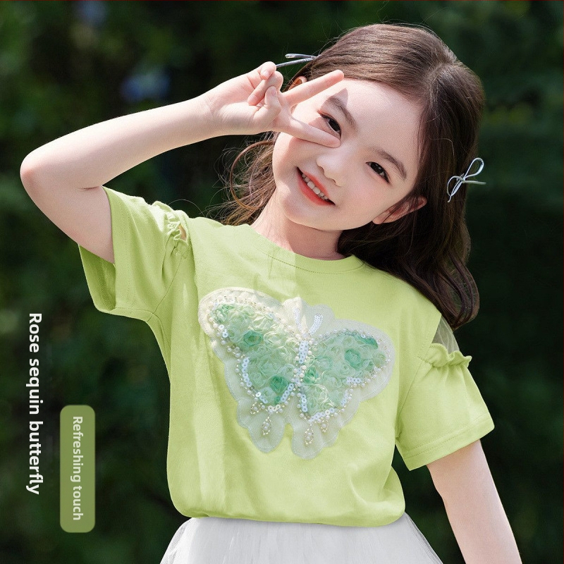 [Мъниста и пайети с пеперуда] Тениска с къс ръкав за момичета, лятна, средна и голяма, детско облекло, детски мрежести топове в западен стил