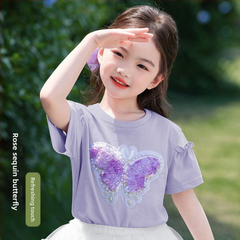 [Мъниста и пайети с пеперуда] Тениска с къс ръкав за момичета, лятна, средна и голяма, детско облекло, детски мрежести топове в западен стил