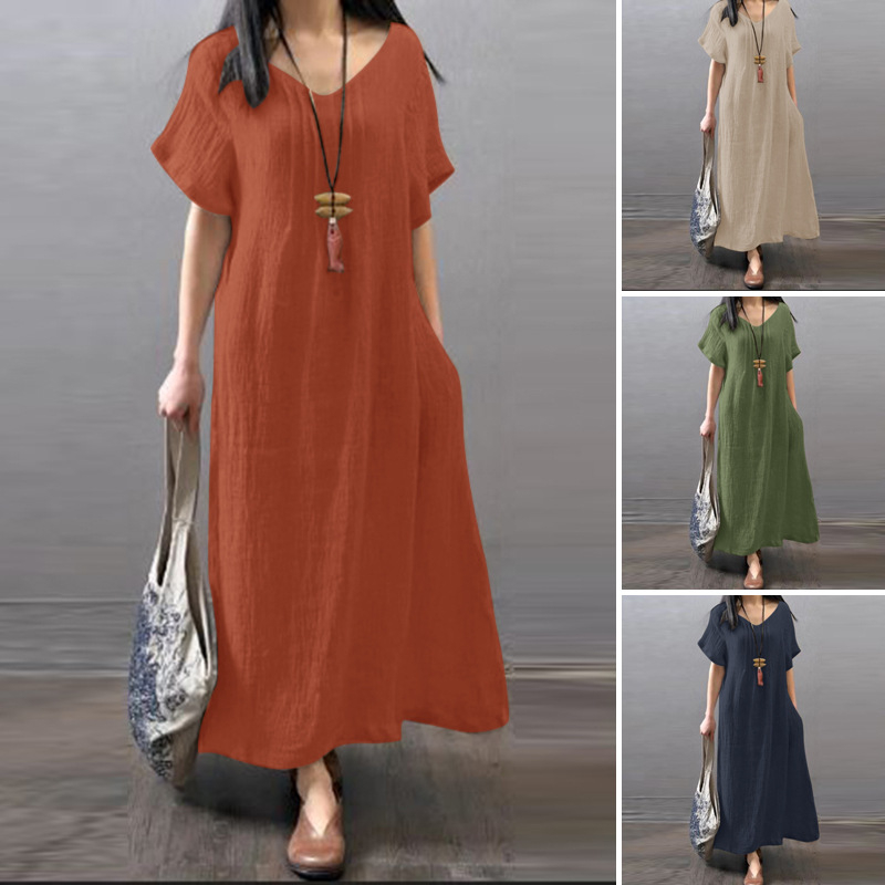 Primăvara și vara 2023, rochie europeană și americană Amazon Independent Station ebay din bumbac și in, casual, lejeră, culoare solidă, cu buzunare, îmbrăcăminte pentru femei