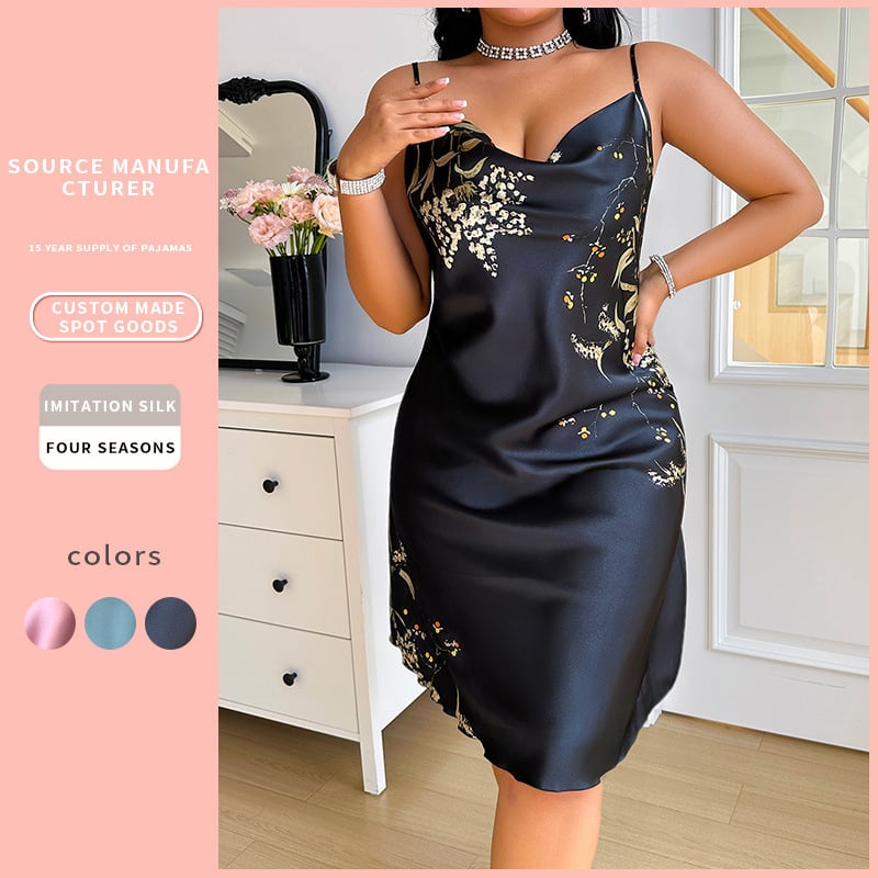 Pijamale de mătase imitație de mătase imprimate Plus Size pentru femei, sexy, din poliester, cu bretele, fără spate, pentru casă, pijamale casual
