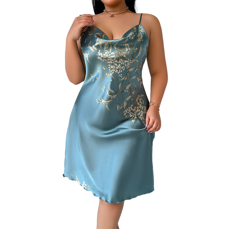Пижама от имитация на коприна с голям размер, щампована, за жени, секси полиестерна пола с тиранти, гол гръб, домашно облекло, ежедневна пижама