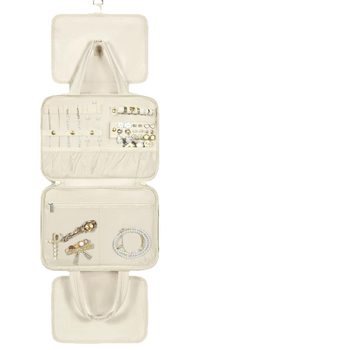 Paruošta kelioninė kosmetinė su papuošalų laikymo krepšiu, pakabinama kosmetinė, pūkuotas kosmetikos krepšys, kelioninis krepšys