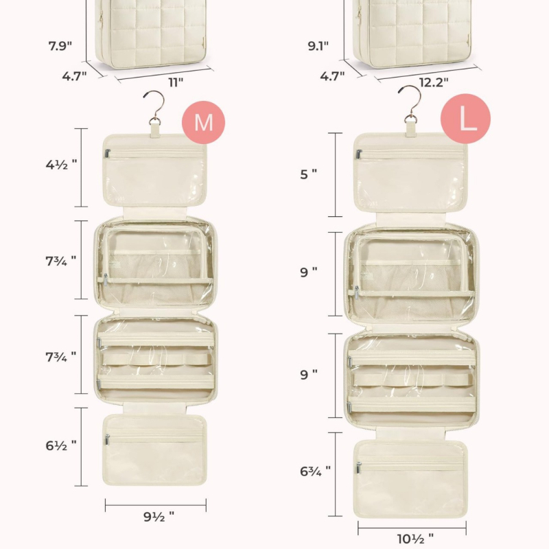 Paruošta kelioninė kosmetinė su papuošalų laikymo krepšiu, pakabinama kosmetinė, pūkuotas kosmetikos krepšys, kelioninis krepšys