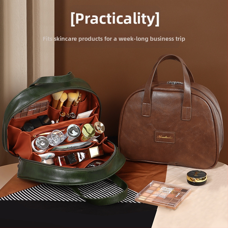 2025 Nová olejovo-vosková kožená retro kozmetická taška pre ženy, veľkokapacitná módna luxusná prenosná cestovná taška na starostlivosť o pleť