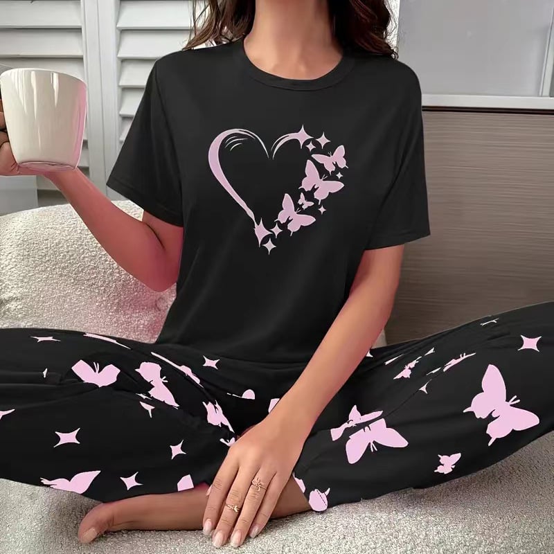 Pijamale europene și americane noi pentru femei de vară cu mânecă scurtă, pantaloni sexy cu inimă, costum casual de export transfrontalier, costum de casă