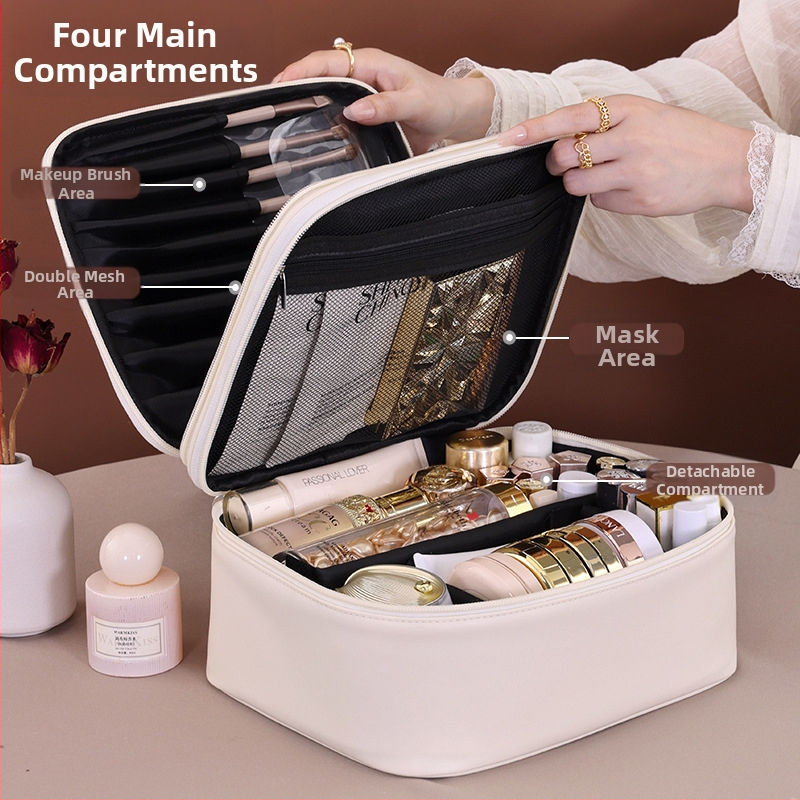 Prenosná dámska kozmetická taška s veľkou kapacitou, dvojvrstvová, štvordielna, z PU, pre ženy