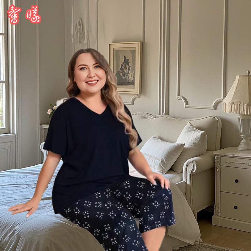 Comerț exterior primăvară și vară guler inimă de pui cu mânecă scurtă imprimată pantaloni scurți pentru femei plus size casual plus costum pijamale