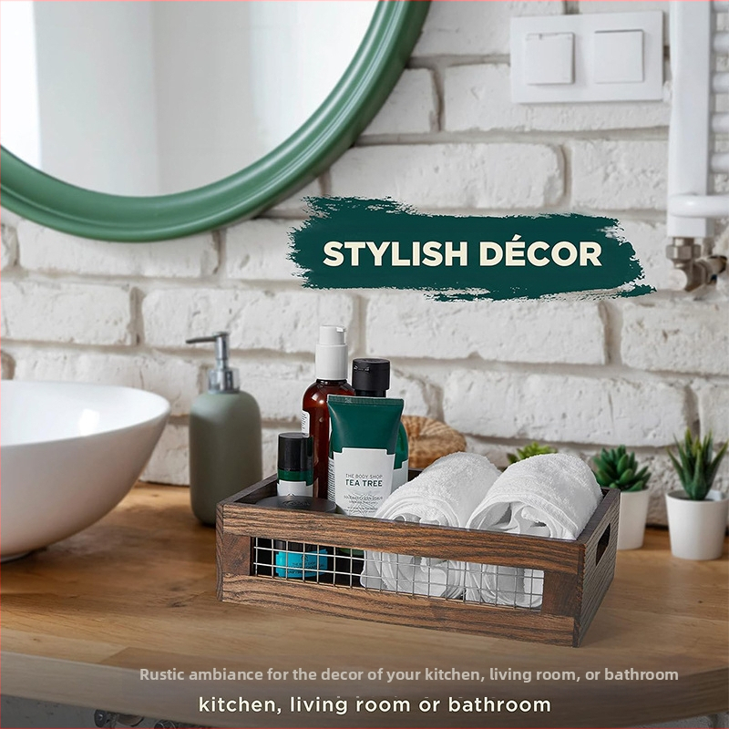 Úložný kôš do obývačky, železná sieťovina, dutá drevená úložná krabica do domácnosti, šijacia krabica do kuchyne, korenie na zeleninu