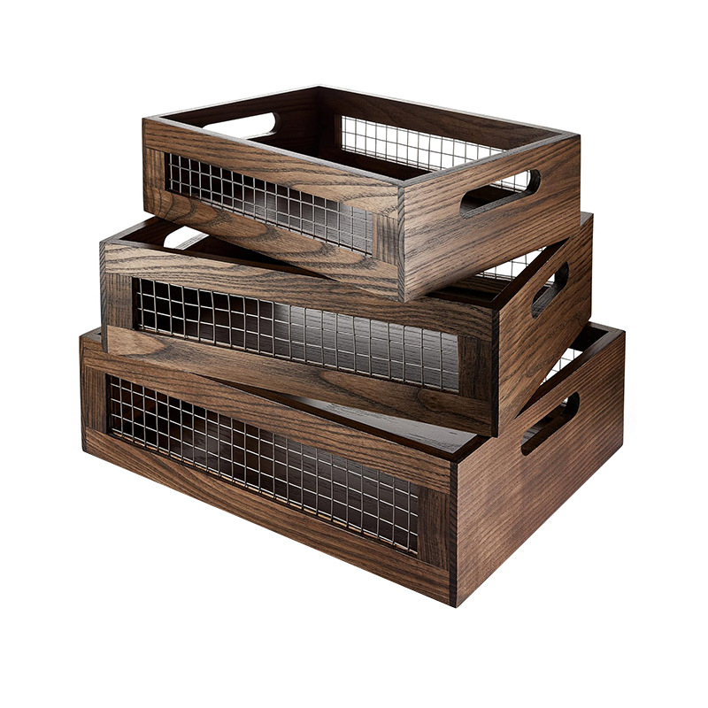 Кошница за съхранение в хол, желязна мрежеста куха дървена кутия за съхранение, кутия за шиене в домакинството, кутия за подправки и зеленчуци в кухнята