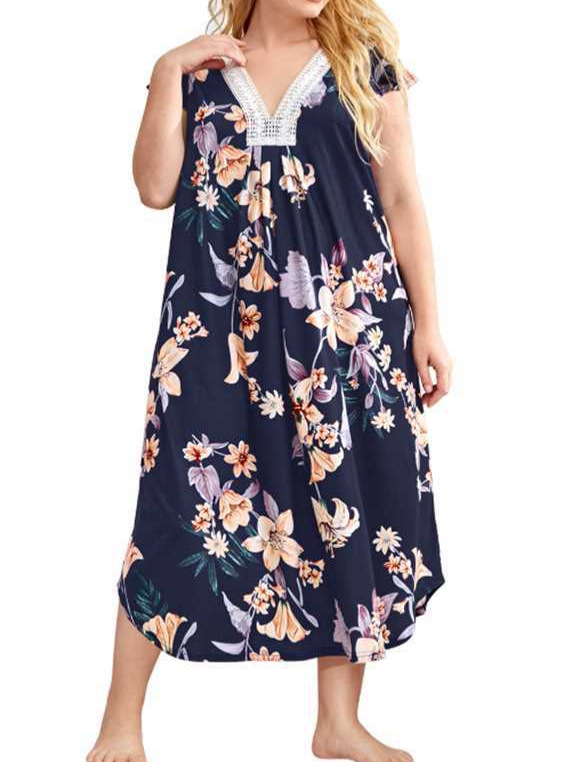 Zimska amazonska europska i američka ženska spavaćica s imitacijom pamuka, čipkastim šavovima, V-izrezom i dugim rukavima, duga haljina za kućnu odjeću za spavanje