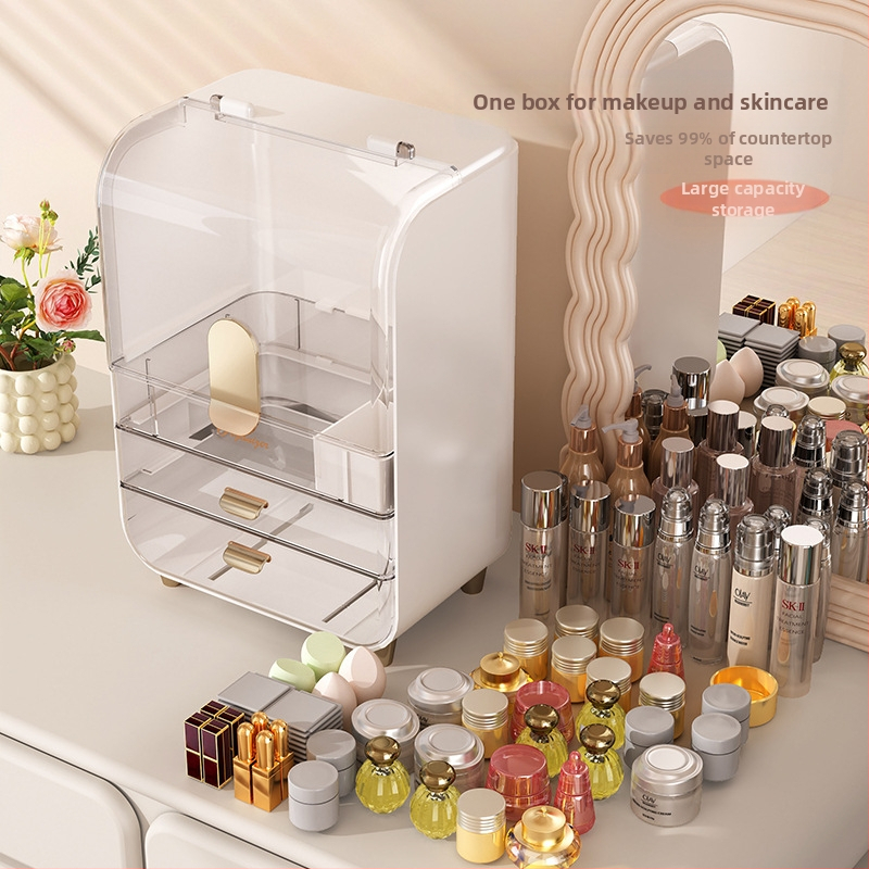 Toaletný stolík, kozmetický úložný box, domácnosť, prachotesný, veľkokapacitný úložný stojan na starostlivosť o pleť, priehľadná úložná skrinka na kozmetický box