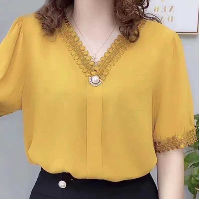 Femeii cămașă din șifon lejer, cu mânecă scurtă, cu guler din dantelă, stil de vară, 2025, design nou, elegant, top