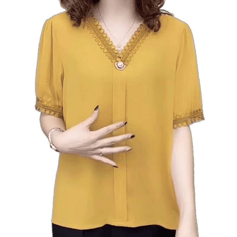 Laisvi šifono marškiniai, moteriški trumpomis rankovėmis, nėriniuota apykakle, vasarinio stiliaus marškiniai, 2025 m., naujo dizaino elegantiški viršūs.