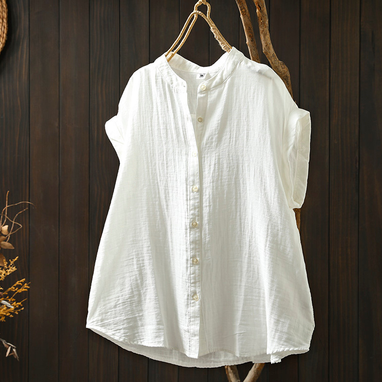 Дамска риза с къс ръкав от чиста памучна прежда, райета, свободна, отслабваща, артистична, лятна, ежедневна, права памучна риза