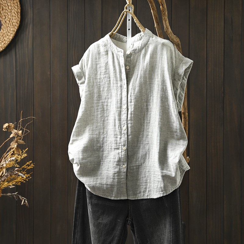 Дамска риза с къс ръкав от чиста памучна прежда, райета, свободна, отслабваща, артистична, лятна, ежедневна, права памучна риза