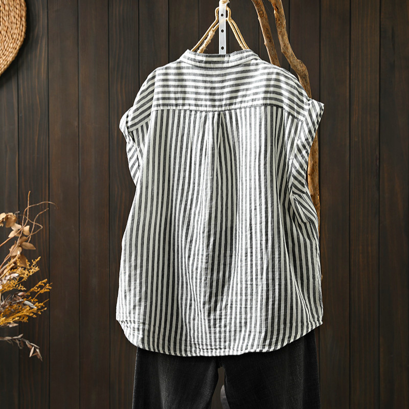 Дамска риза с къс ръкав от чиста памучна прежда, райета, свободна, отслабваща, артистична, лятна, ежедневна, права памучна риза