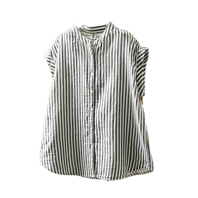 Дамска риза с къс ръкав от чиста памучна прежда, райета, свободна, отслабваща, артистична, лятна, ежедневна, права памучна риза